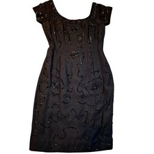 Vintage Black Beaded Sequin Cocktail Dress Short Sleeve Sheath Scoop Neck Formal