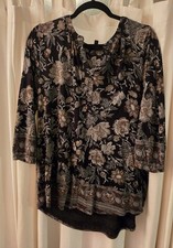 Lucky Brand Women's Plus Size 1X Floral Tunic Blouse 3/4 Sleeve Black Beige
