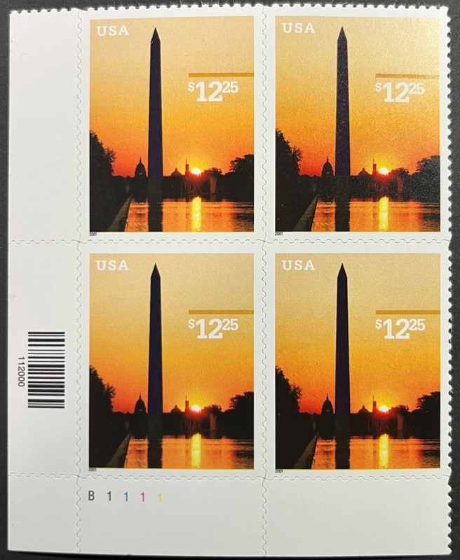US Scott #3473, Washington Monument, Plate Block of 4, $12.25 @ MINT-NH, Fine-VF