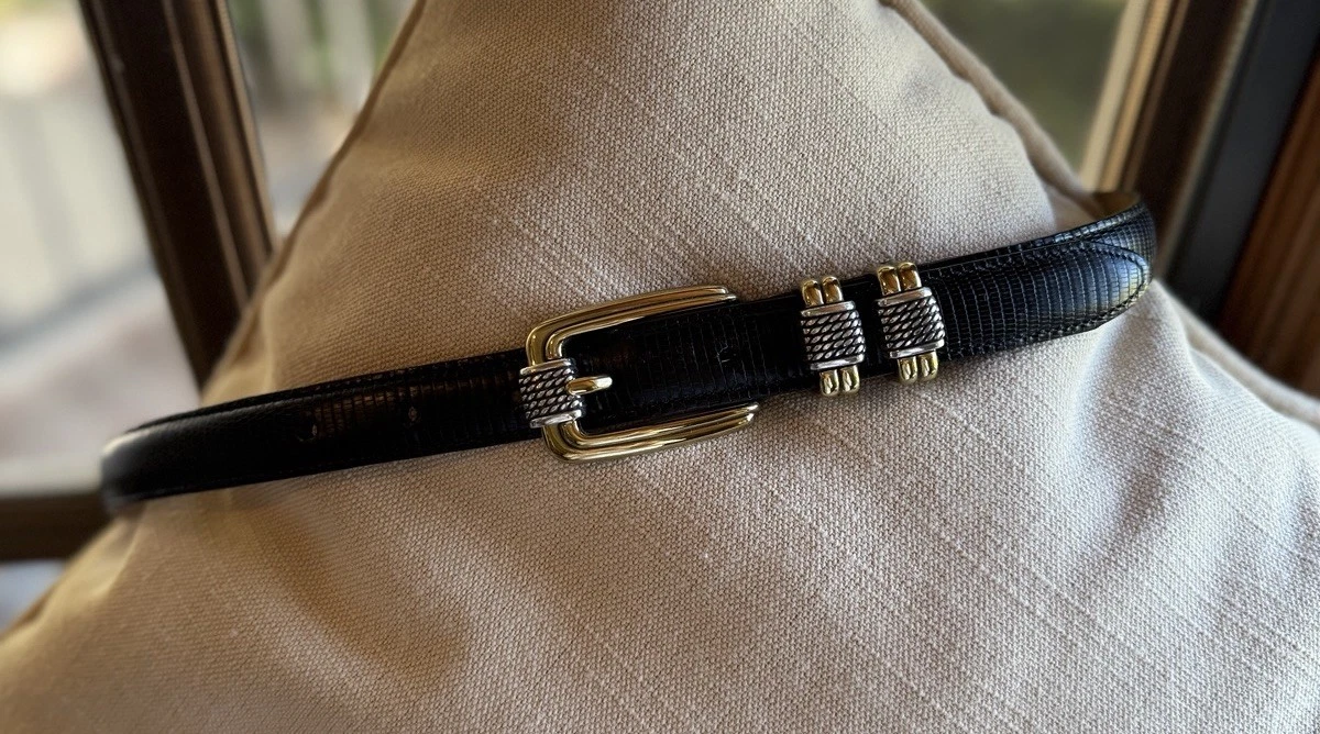 Brighton Cher Gold Crocodile Embossed Silver Buckle Stretch Belt 34 Boho Western Brighton Gold Belts for Women for sale | eBay main image 2