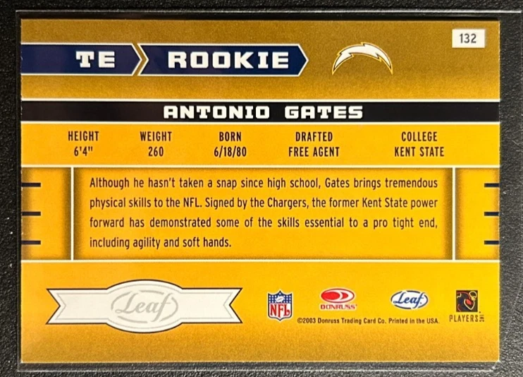 Antonio Gates RC Leaf R&S Rookies/Stars 2003 True Rookie Card SP 132 HOF Charger - Image 2 of 2