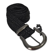 Braided Woven Black Fabric Belt Wide Sparkly Adjustable Gunmetal Buckle Retro