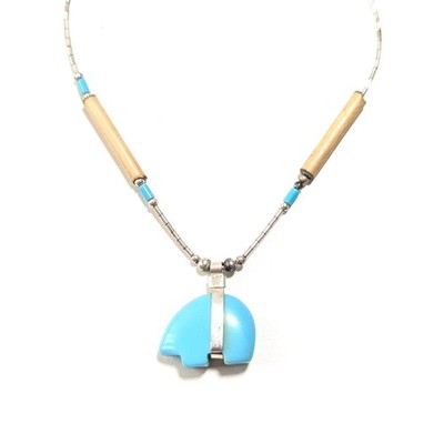 Sterling Silver 925 Zuni Bear Shape Turquoise Necklace Native American 16inch 4g