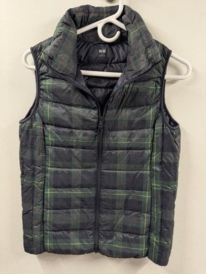 UNIQLO Ultra Light Down Puffer Vest Navy Blue/Green Plaid Size Xs