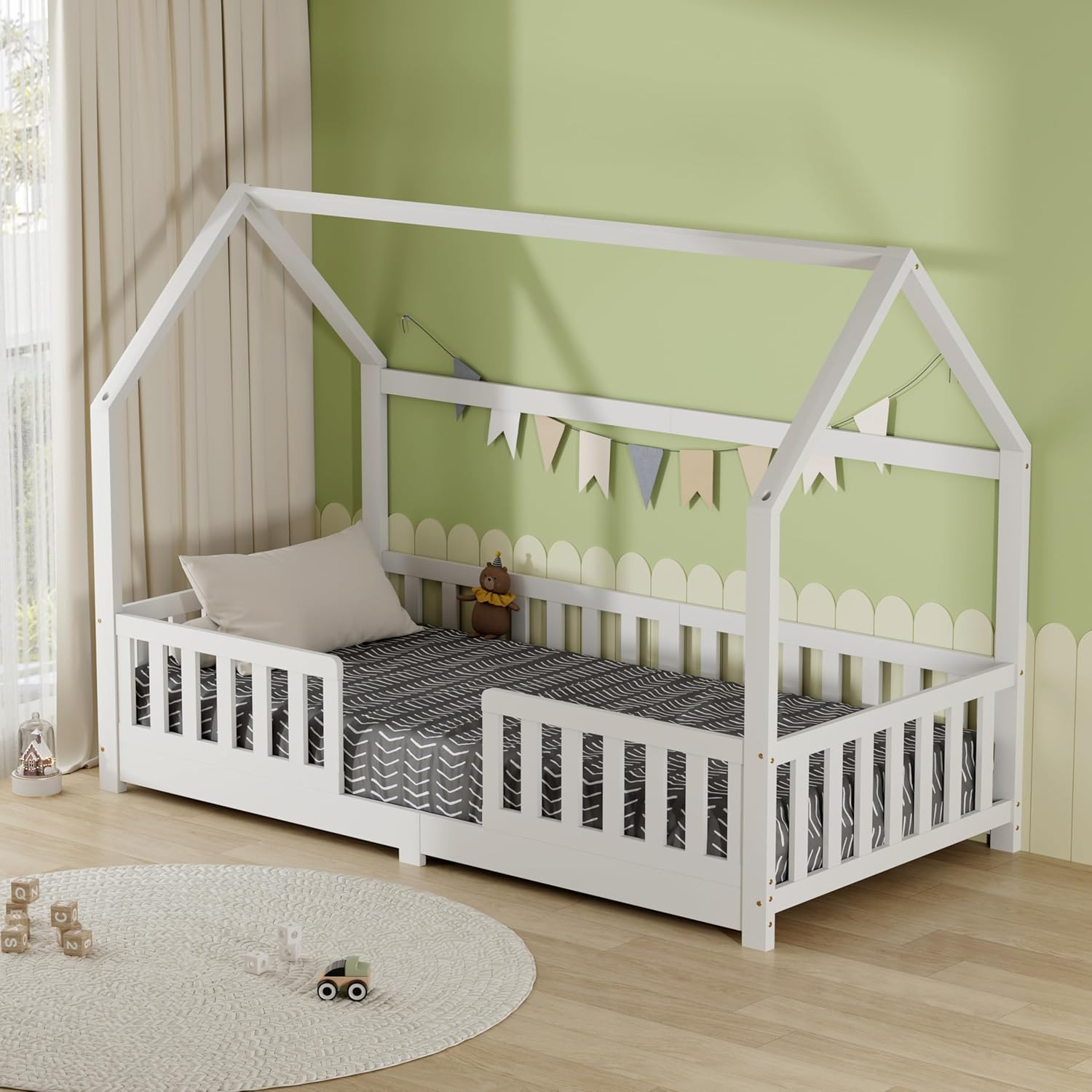 Toddler House Bed Single Wood Frame Safety Rails Low Height Kids Bedroom White