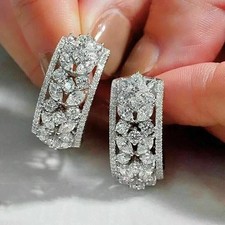 2Ct Round Cut Real Moissanite Huggie Hoop Woman's Earrings 14k White Gold Plated