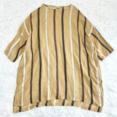 Ichi Antiquites Linen Dobby Stripe Short Sleeve Dress Beige Brown