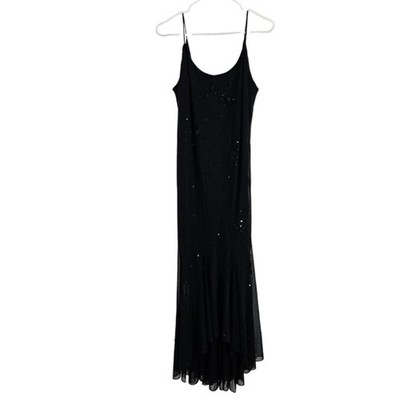 Vintage y2k Cache Dress Black Sequin Flower Mesh Cami Whimsigoth Maxi Size L