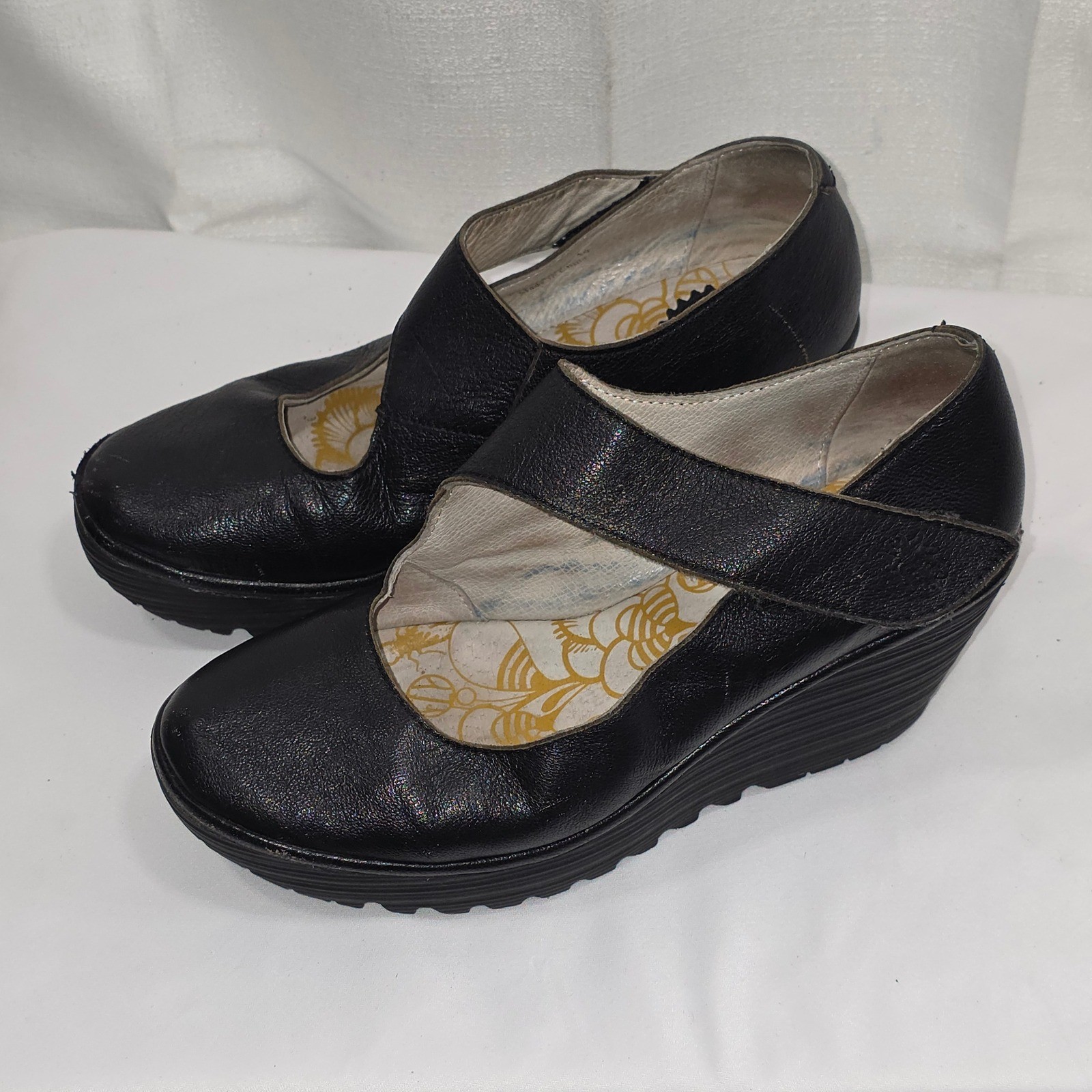 Fly London Yaz Black Leather Wedge Mary Jane Pumps Size 39
