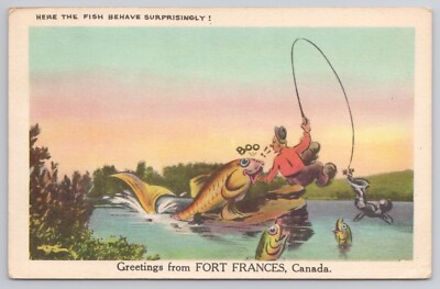 Greetings From Fort Frances Ontario Canada 1950s Humor Postcard Funny Fishing