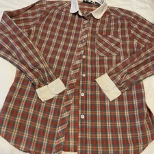 Filenes Vintage Christmas Plaid Buttondown Longsleeved Shirt Sz 14 Red Collared