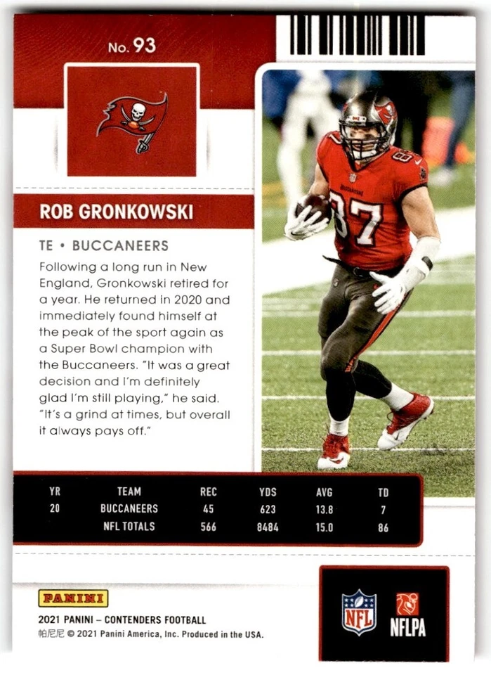 2021 Panini Contenders Rob Gronkowski #93 Tampa Bay Buccaneers - Image 2 of 2