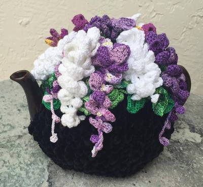 Handmade Crochet Tea Cozy Tea Cover Tea Warmer Wisteria Flowers Black Base