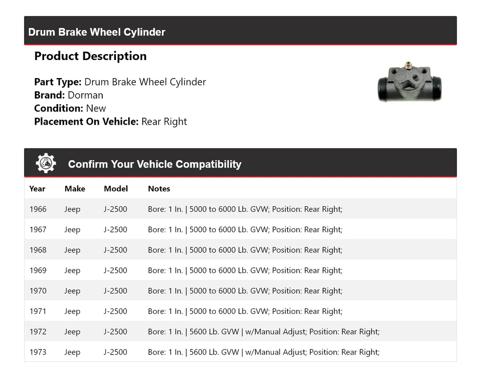 Cilindro de rueda de freno de tambor trasero derecho Jeep J-2500 Dorman 1966-1973 1967 1968 Foto 2 de 3