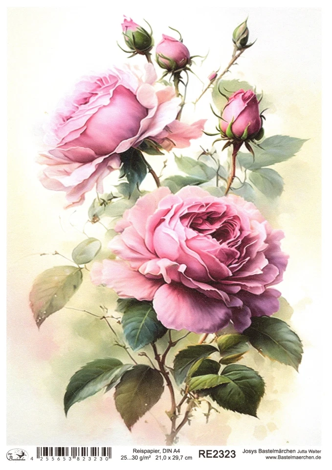 JOSYS BASTELMÄRCHEN Papel de arroz A4 seda de paja decoupage técnica de servir flores rosas rosadas RE2323
