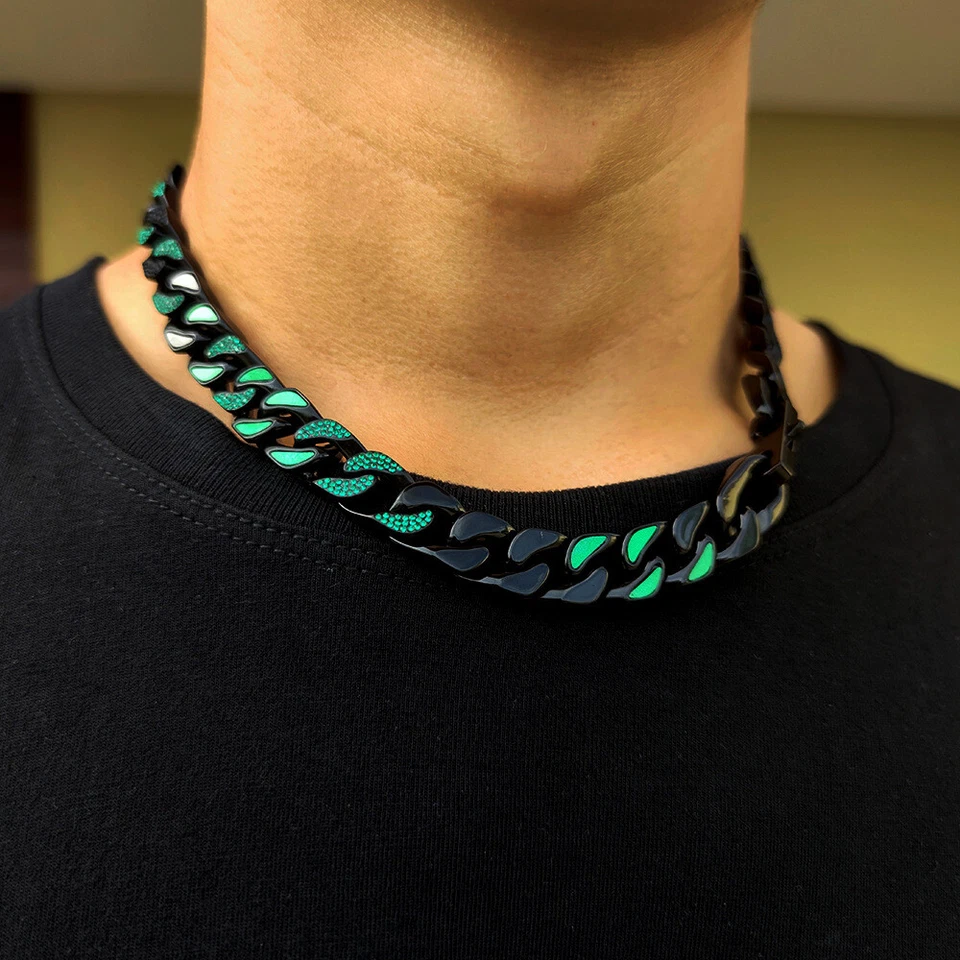 Hombres Hip Hop Negro Verde Goteo Aceite Acero Inoxidable Cadena Cubana Collar Joyería Foto 2 de 4
