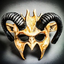Demon Devil Costume Satan w/ Black Horns Masquerade Halloween Mask Stone White