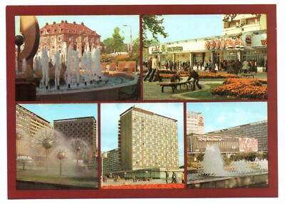 Postcard log cabin Meissen wine cellar 1984 water features Prague Street Dresden