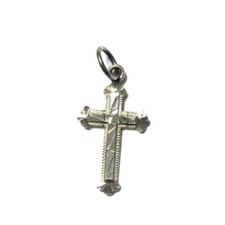 18K White Gold Cross LASER Etched Small .9" long 1.3g NO CHAIN Christianity