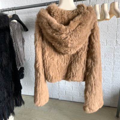 100% Real Rabbit Fur Handmade Knitted Coat Womens Casual Hooded Jacket Warm Tops