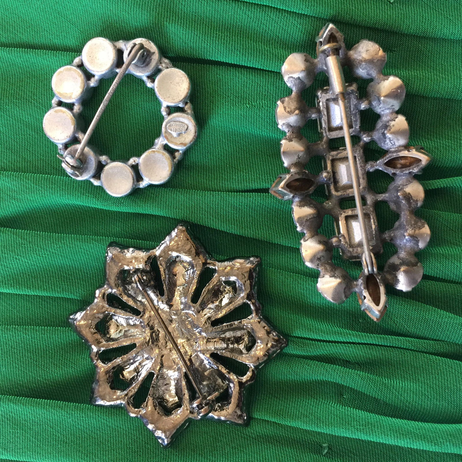 Lot Of 3 Vintage Brooch Brooches Rhinestones Oval France Round Tcheco