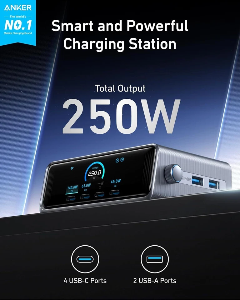 Anker Prime 250W USB-C Charger 6-Port GaN Charging Station Smart Control Dial - Image 2 of 4