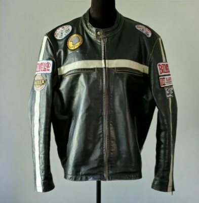 RIVER ROAD men's striped leather biker patch jacket sz48
