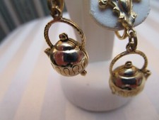 Vintage Gold Tone Figural 3D Dangle Tea Pot Kettle Screw Back Earrings