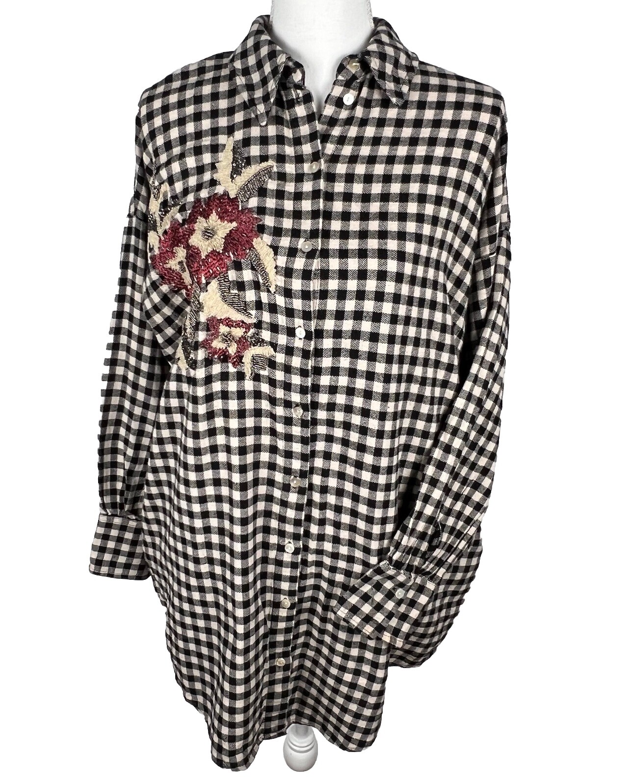 Zara Basic Flannel Shirt Tunic Medium Floral Bead… - image 2