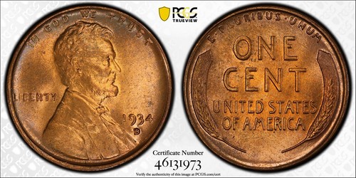 1934-D 1c Lincoln Wheat Penny Gold Shield PCGS MS65RB (DJ) - 第 1/4 張圖片