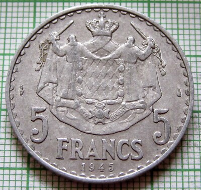 MONACO LOUIS II 1945 5 FRANCS, Crowned Arms & Prince's Effigy ALUMINIUM km# 122