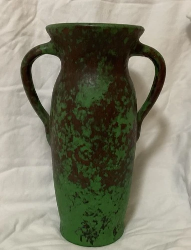 Antique 12” tall Weller Pottery Coppertone handled vase – READ re. repair