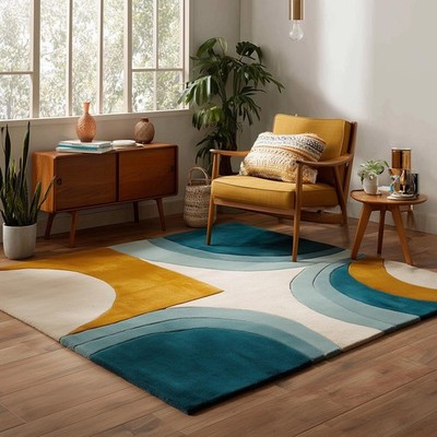 Hand-Tufted Wool Rug: Mid-Century Modern Teal & Mustard Arc Design Teppich