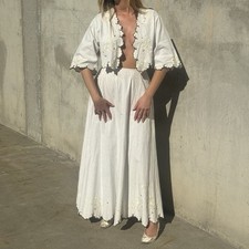 Antique Edwardian 2 Piece Linen Walking Gown Daisy Embroidery Maxi Dress Vintage