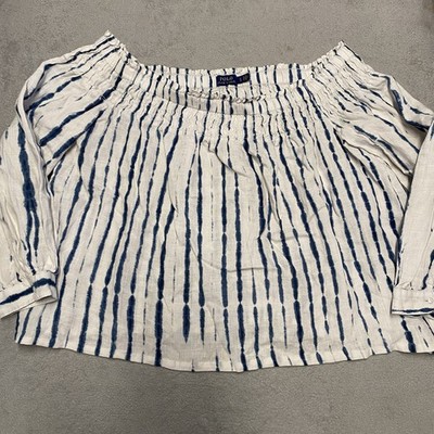 Polo Ralph Lauren Linen Top Womens Large White Blue Tie Dye Off The Shoulder