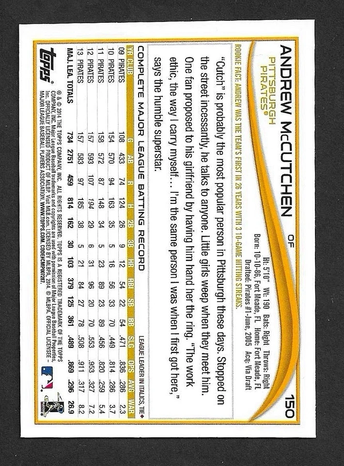 Andrew MCCUTCHEN 2014 Topps #150b Negro Jesey Variación de Imagen SSP Zoltan Piratas Foto 2 de 2