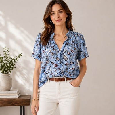 NEW Womens Blue Paisley Floral Blouse Flutter Sleeve Boho Lightweight Top Medium