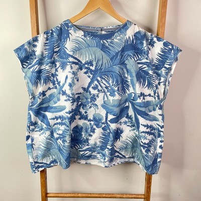 Binny Shirt Top Womens 12 Blue Leaf Print Tropical Cap Sleeve Crop Boxy Casual