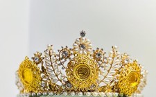 Handmade Gold Pearl Coin Crown Luxury Bridal Headpiece with Crystal Details Nic