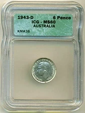 Australia George VI 1943 D Silver 6 Pence MS60 ICG