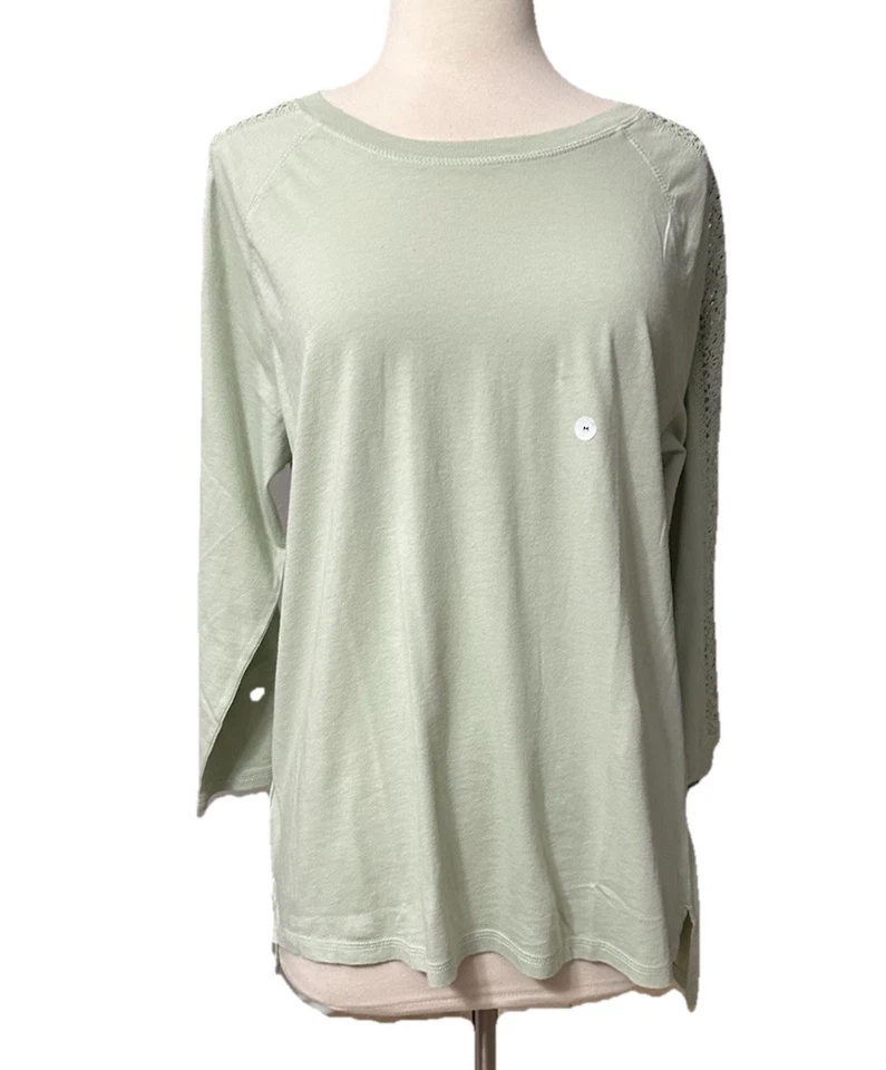 Camiseta Top Eddie Bauer Verde Claro Algodón Encaje Manga 3/4 Nueva Mediana