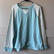L.L.Bean Sweatshirt Womens Large Blue Green Raglan Textured Sleeves Pullover