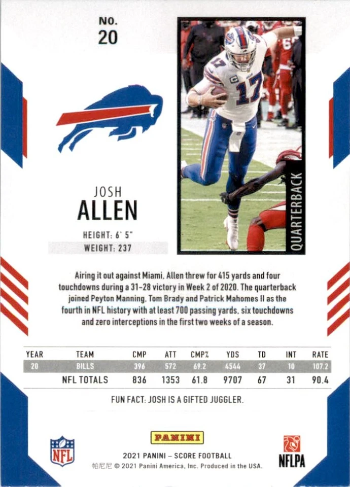B0346- 2021 Score Red #20 Josh Allen - NM-MT - Image 2 of 2