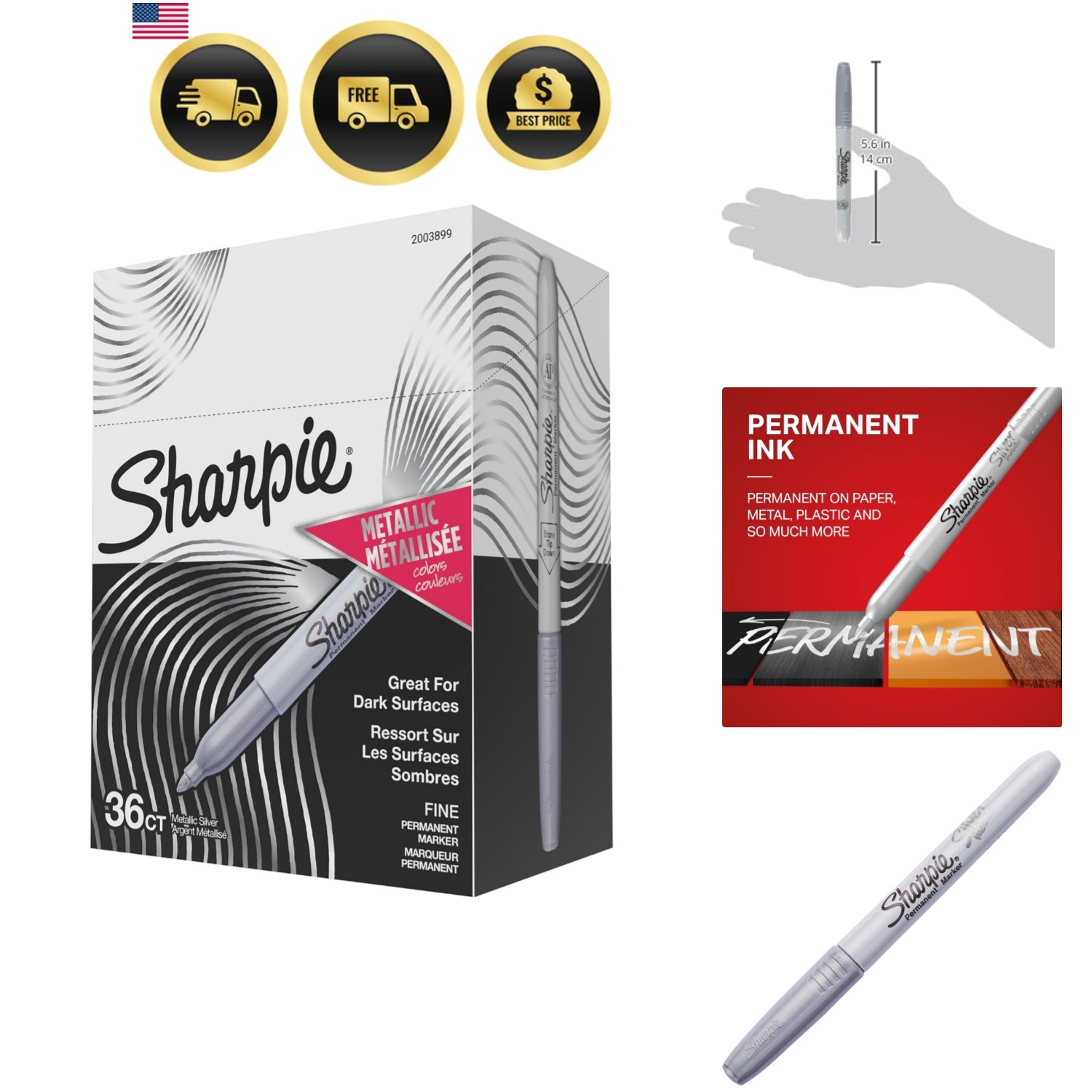 Metallic Permanent Markers, Fine Point, Metallic Silver, 36 