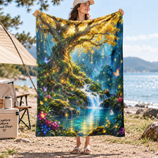Enchanted Tree Waterfall Butterfly Forest Coral Fleece Blanket
