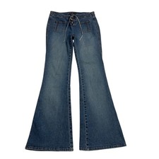 Vintage LEI Jeans Womens Size 7 Low Rise Flare Lace Up Blue Denim Stretch Y2K