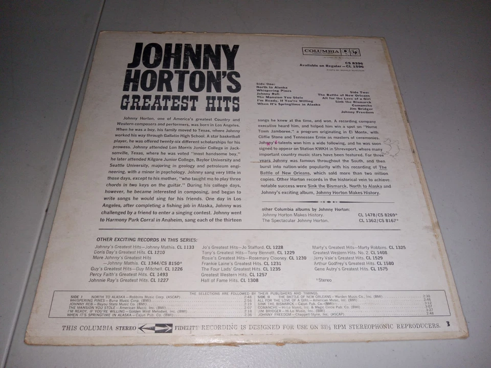Johnny Horton's Greatest Hits Vinyl Record COLUMBIA CS8396 - Image 2 of 4