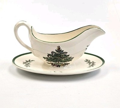 Spode Christmas Tree Gravy Boat Attached Underplate Length: 8 3/4'' Height 3 3/8''