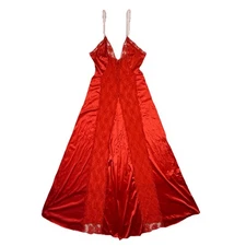 VTG Val Mode Maxi Nightgown M Red Nylon Silky Lace Shiny Negligee Sexy Glam