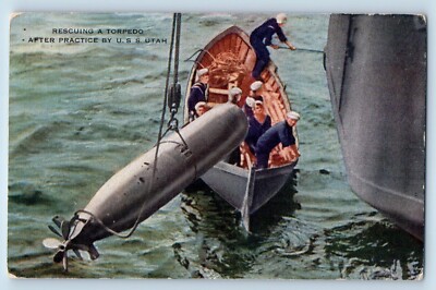 Rescuing A Torpedo Postcard After Practice By USS Utah Submarine c1910's Antique